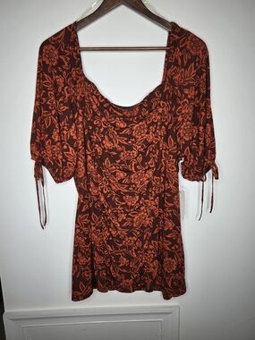 NWT Luna Floral Ruched Puff Sleeve Square Neck Boho Blouse Top Brown Orange  3X
